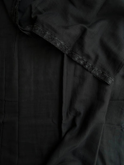 Plain black mul cotton saree with lace border
